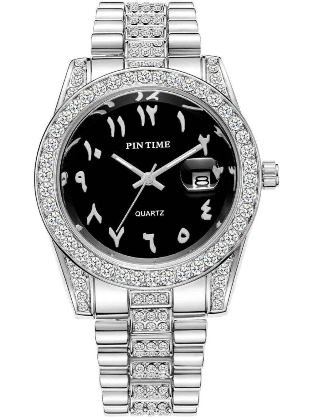 Luxury Stainless Steel Men's Wristwatch - Arabic Numerals, Diamond Bezel, Quartz